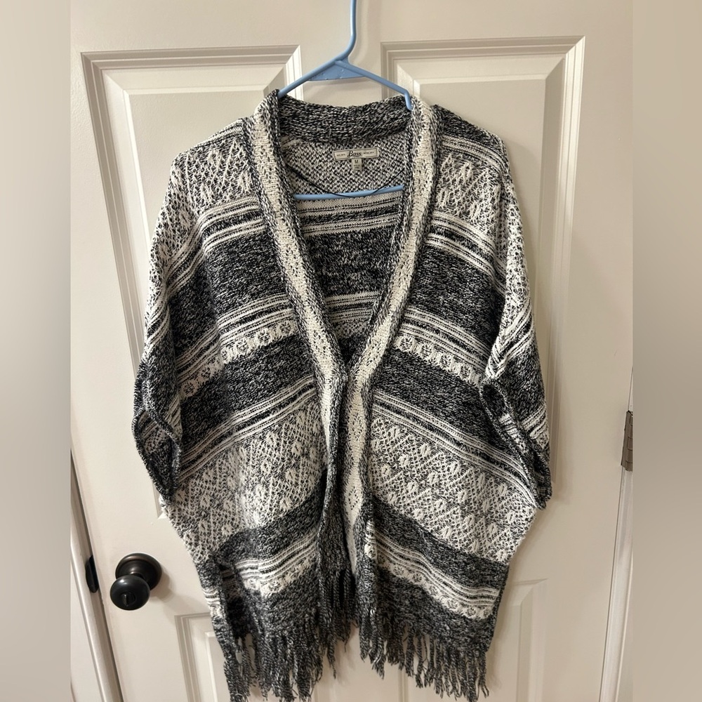 Bass Black & White Open-Front Knit Cardigan with Fringe Size Medium